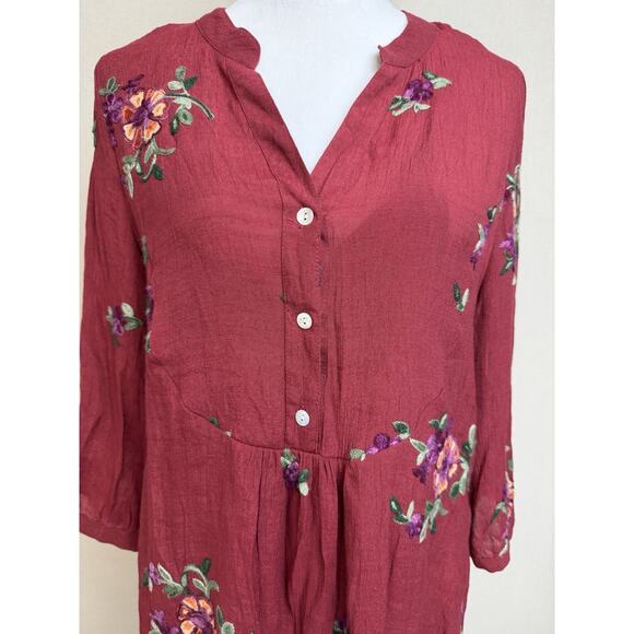 Figueroa & Flower Anthropologie Top Tunic Sz L Womens Maroon Boho Blouse Peasant - Picture 2 of 15